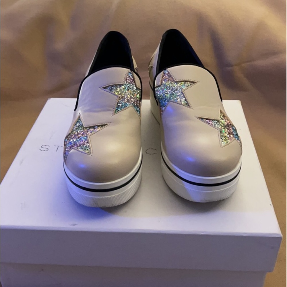 Stella McCartney Binx Slip On Platforms 38 Euro/8 US Khaki w/ 🌈 Sparkle Stars - Picture 5 of 11
